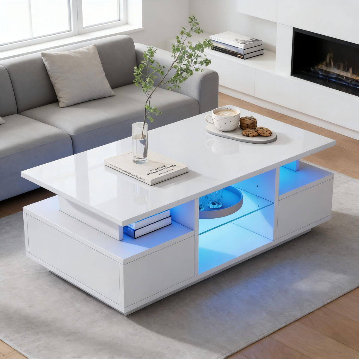 COUCHTISCH aus Spanplatte 100x50x36 cm in Weiß mit LED & 2 Schubladen - Weiß, Holzwerkstoff (100/50/36cm) - Modfu