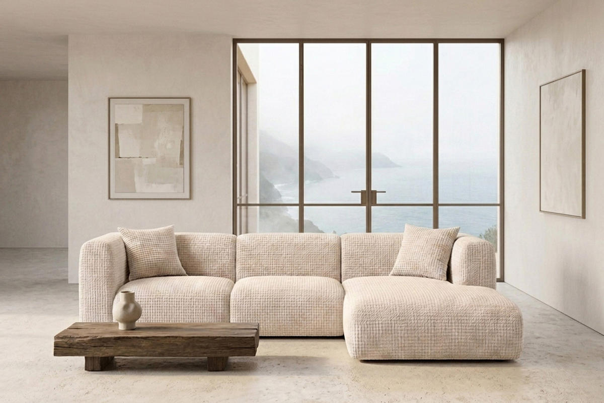 ECKSOFA L-Form, Chenille-Stoff Cremona, Creme, Rechts, GRETA - Creme, Holz (318/179cm) - Kaiser Möbel