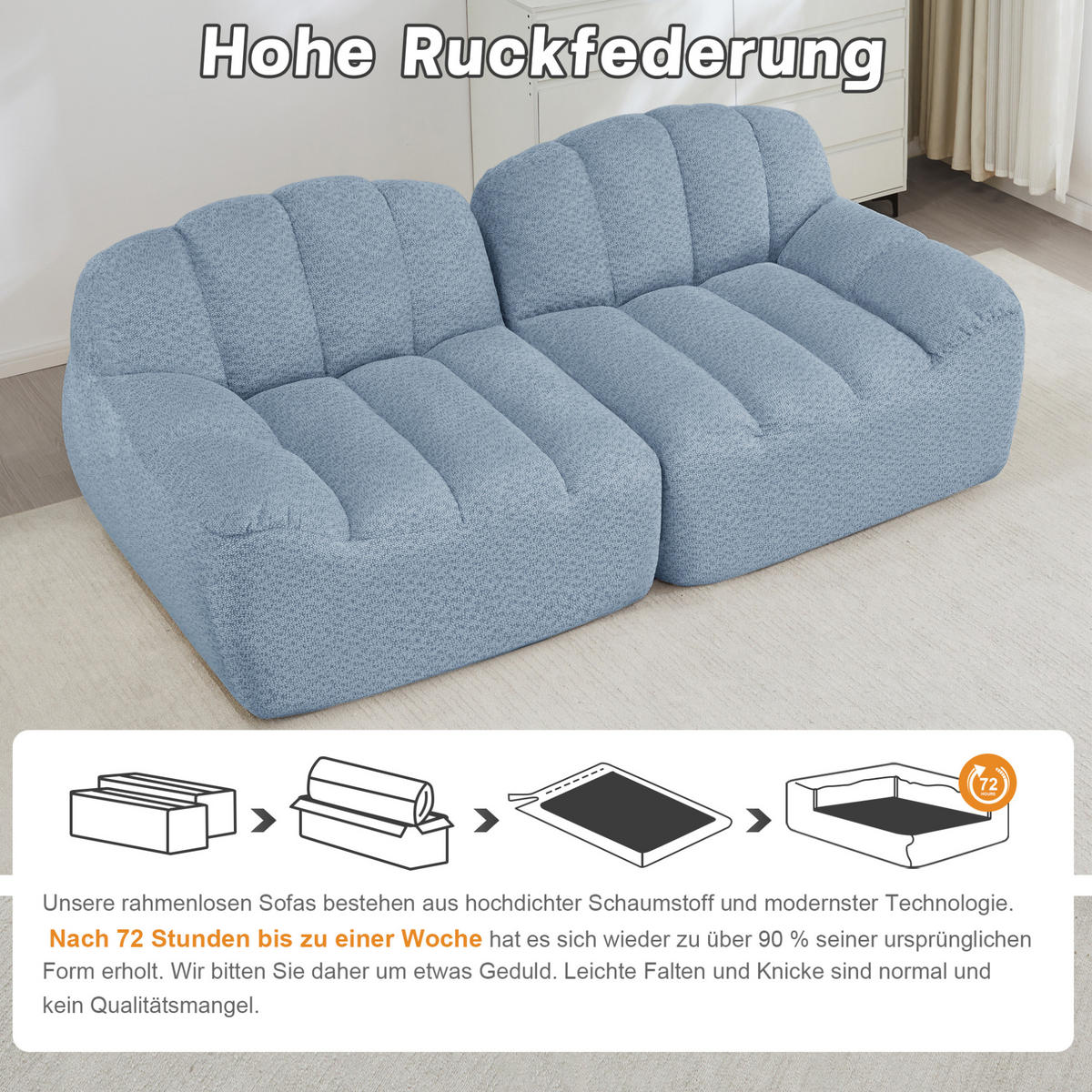 2-SITZER Sofa aus granuliertem Fleece mit modularem, montagefreiem Design Blau - Blau, Textil (104/79/210cm) - Modenvie