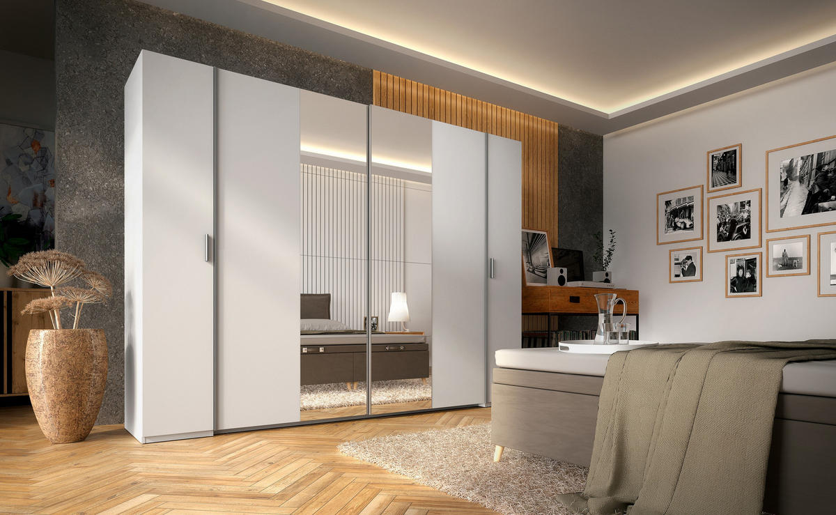 SCHWEBETÜRENSCHRANK AMAREN 269,6/207,6/61,4cm 2-türig mit Spiegel Weiß - Weiß, Holzwerkstoff (269.6/207.6/61.4cm) - MASSENO