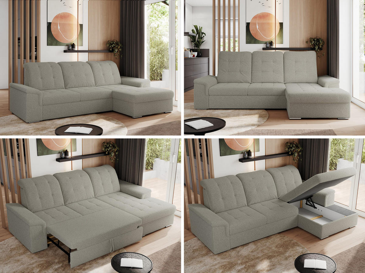 ECKSOFA MADRITO L - Hellgrau Boucle - Rechts - Silberfarben/Hellgrau, Textil/Metall (256/160cm)