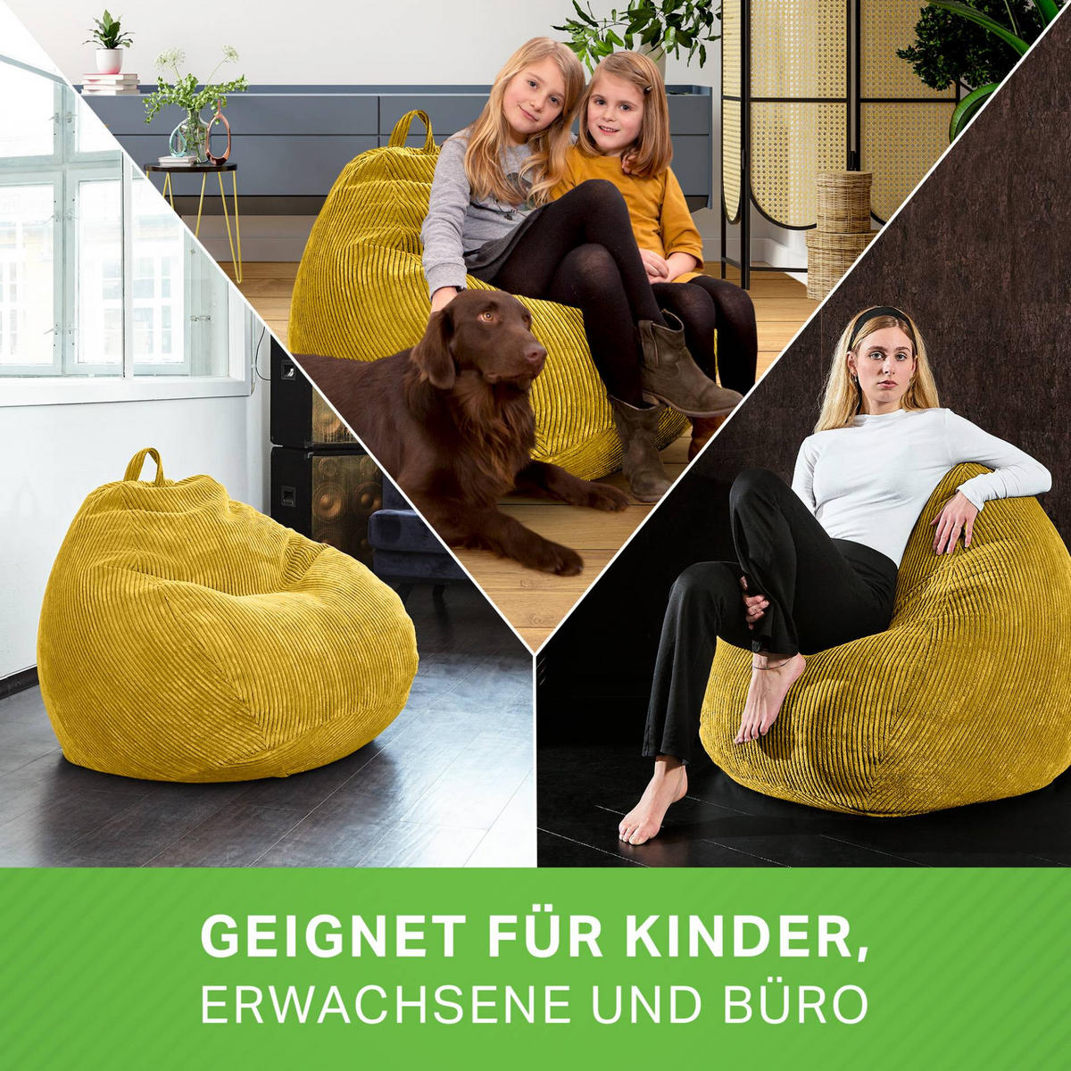 SITZSACK Indoor "Scoop" 90x110cm - Cord - Gelb, Textil (90/110/90cm) - Green Bean