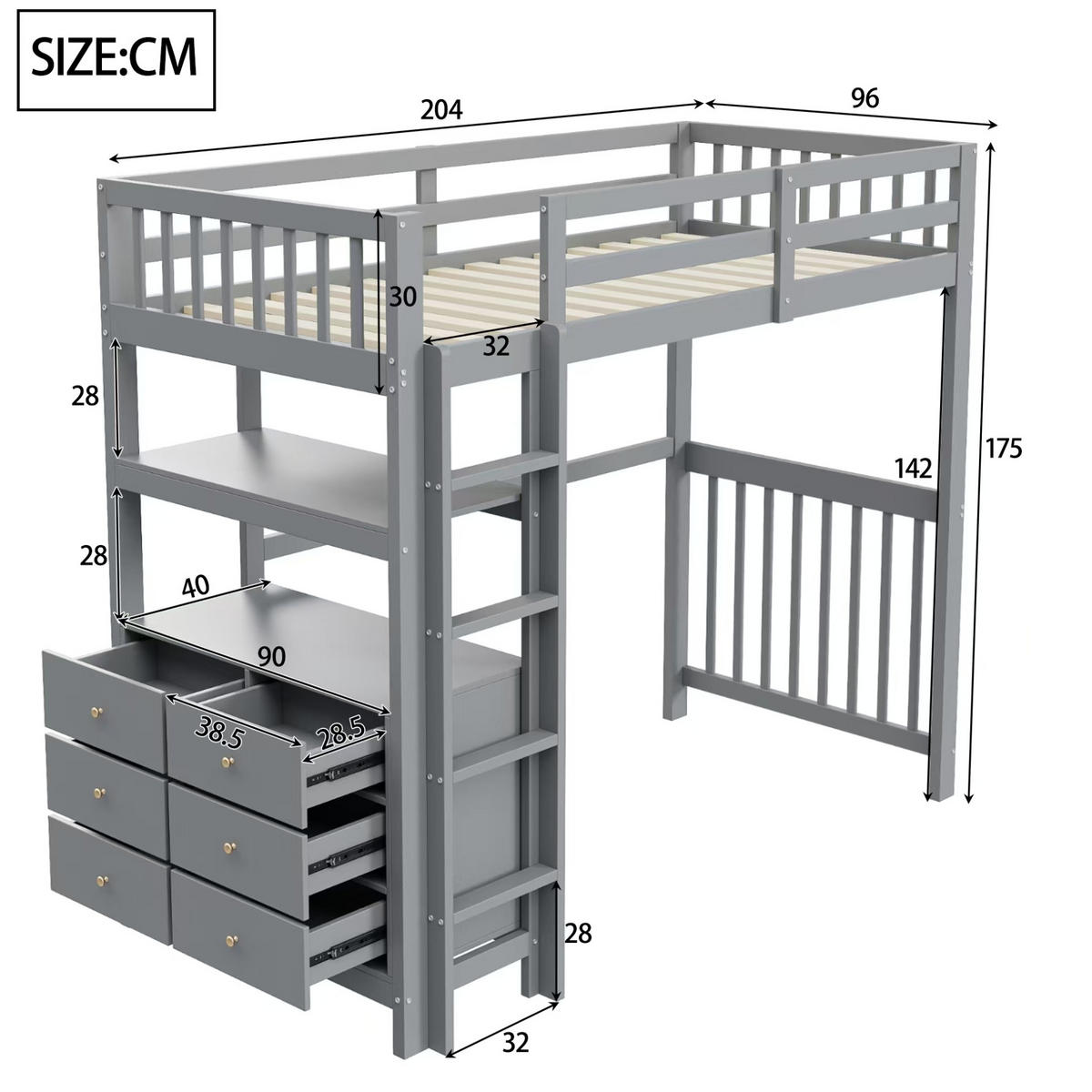 HOCHBETT 90/200 cm in Grau mit Rausfallschutz, Leiter und Stauraum - Grau, Holz (90/200cm) - BEAOK