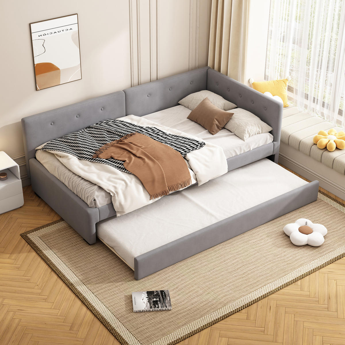 RÁMOVÁ posteľ zo zamatu, 90/200 cm sivá, s vysúvacím lôžkom - sivá, textil (90/200cm) - BEAOK