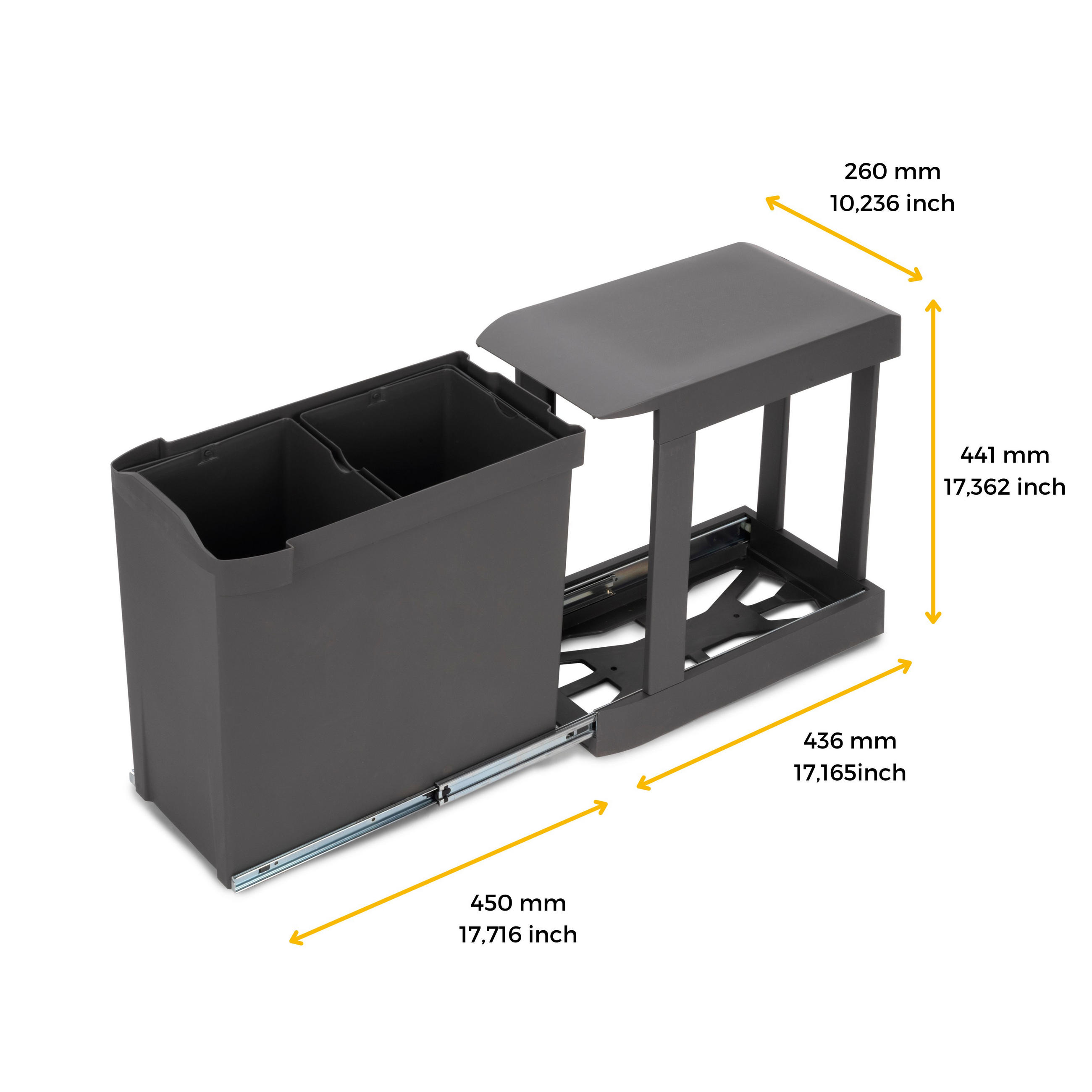 RECYCLINGBEHÄLTER für Küche, 2 x 14 Liter, Unterseitigbefeistigung und automatische Extraktion, Stahl und Kunststoff, Anthrazitgrau - Anthrazit, Metall (26/45/43.6cm) - EMUCA
