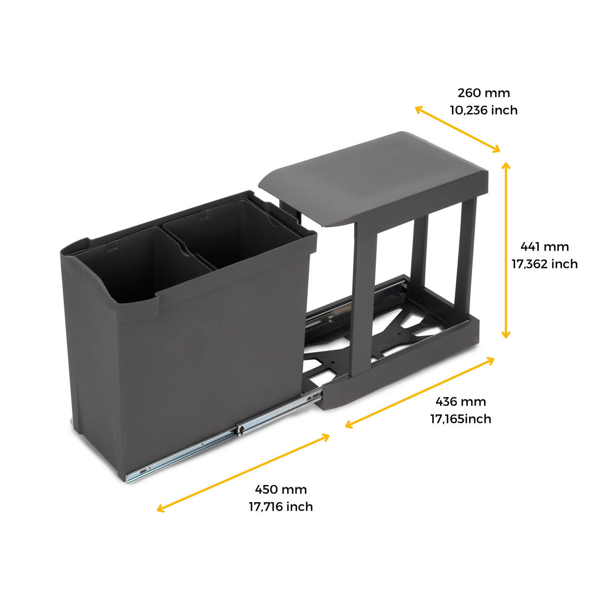 RECYCLINGBEHÄLTER für Küche, 2 x 14 Liter, Unterseitigbefeistigung und automatische Extraktion, Stahl und Kunststoff, Anthrazitgrau - Anthrazit, Metall (26/45/46.5cm) - EMUCA
