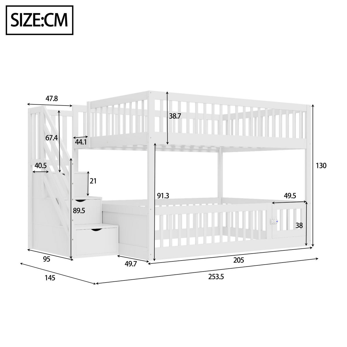 ETAGENBETT Holz 140 x 200 cm Weiß/Grau mit Treppe und Schubladen - Weiß, Holz (140/200cm) - ComfortXL