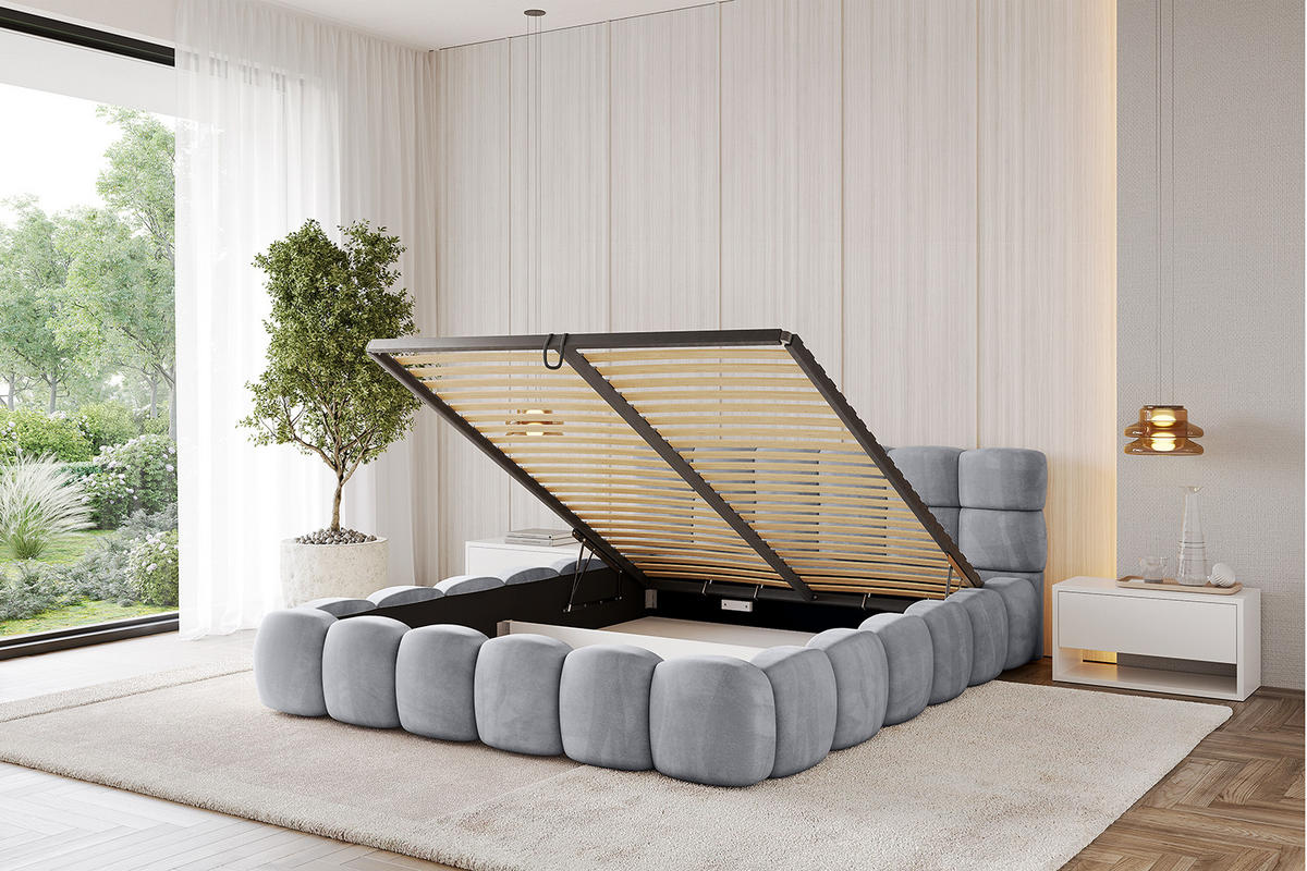 POLSTERBETT mit Bettkasten und Lattenrost, Bett mit Matratze H3/H4 - LEYA-v1 180x200 Hellgrau - Hellgrau, Holzwerkstoff/Textil (180/200cm) - ALTDECOR