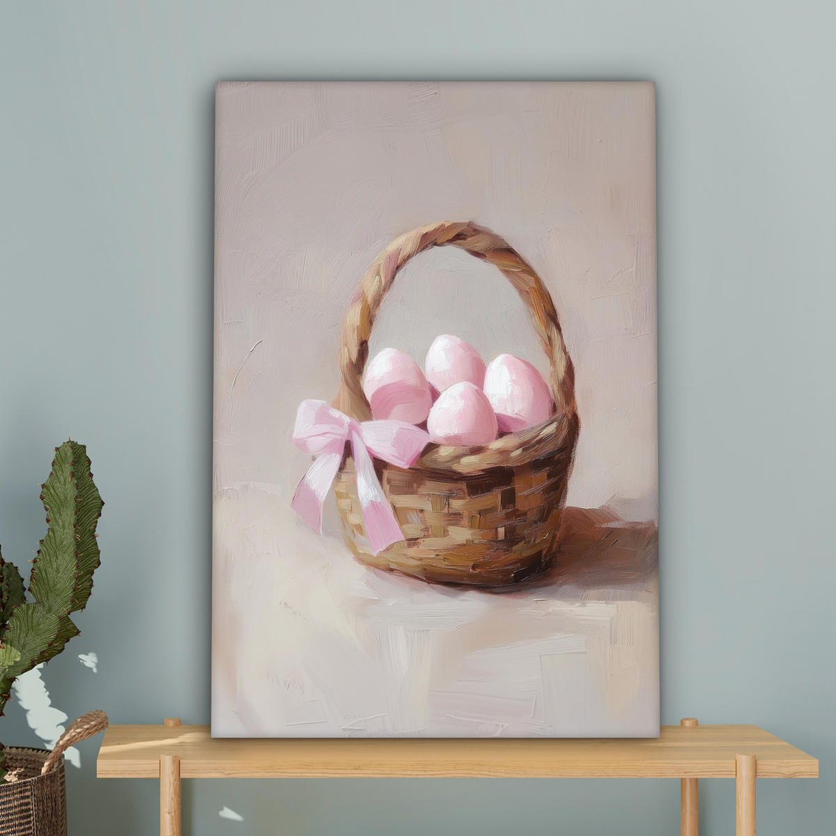 LEINWANDBILD Korb - Eier - Rosa Wanddeko Schlafzimmer 60x90 cm - Beige, Textil (60/90cm) - MuchoWow