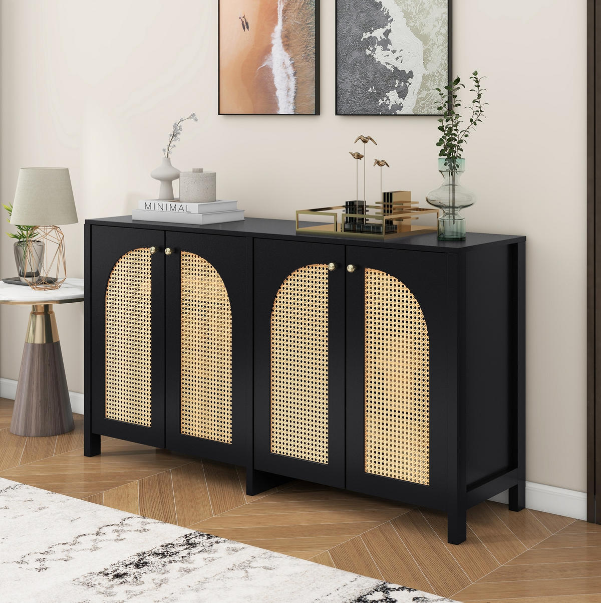 SIDEBOARD aus MDF mit 4 Kunst-Rattantüren und Metallgriffen Schwarz - Schwarz, Holzwerkstoff (145/40/80cm) - Modenvie