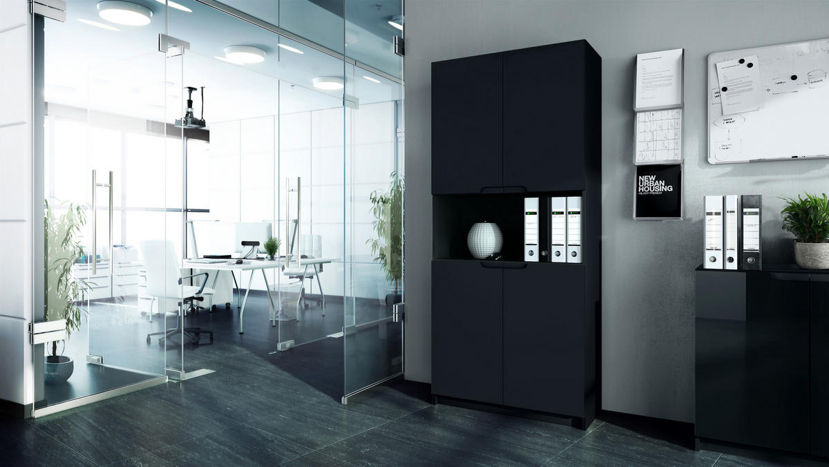 BÜROSCHRANK Logan Fronten in Schwarz matt - Schwarz, Holzwerkstoff (82/184/37cm) - Vladon