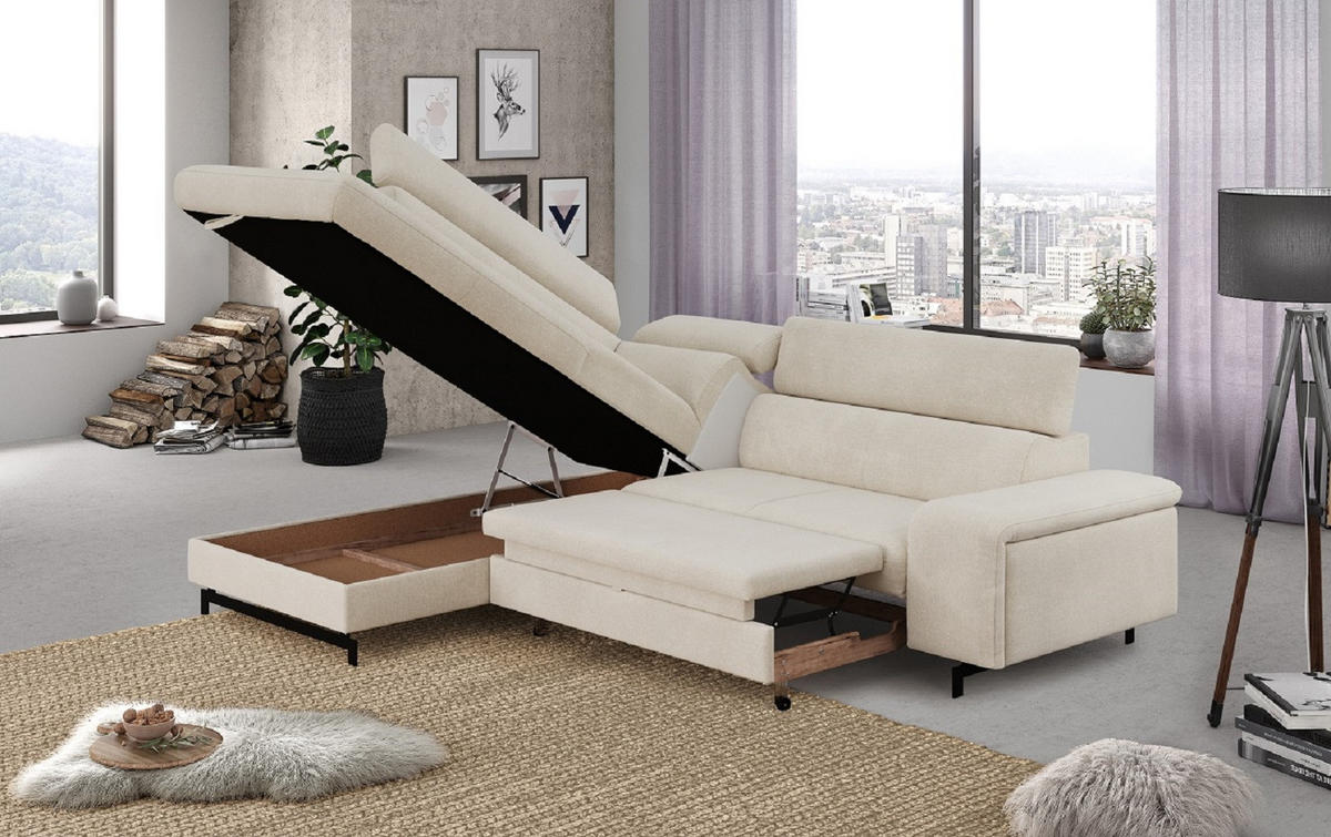 ECKSOFA mit Schlaffunktion und Bettkasten - Beige/Schwarz, Kunststoff/Textil (262/215cm) - Cotta