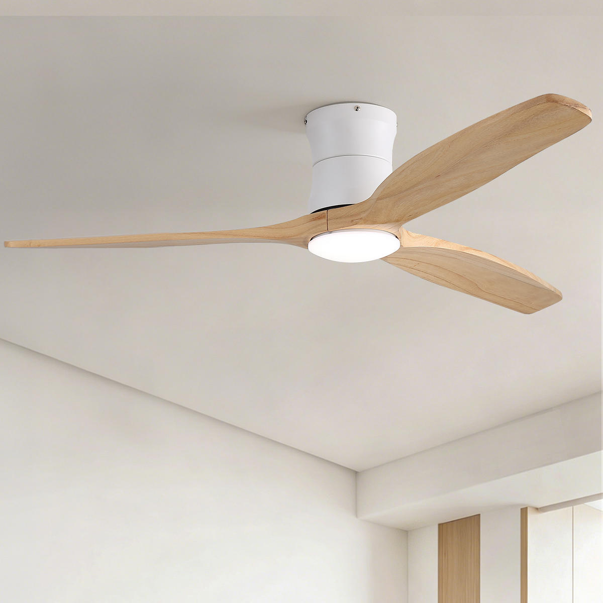DECKENVENTILATOR 132cm Flachbau LED Licht Holzflügel DC Motor - Weiß, Kunststoff (132/132/24cm) - CASIVA