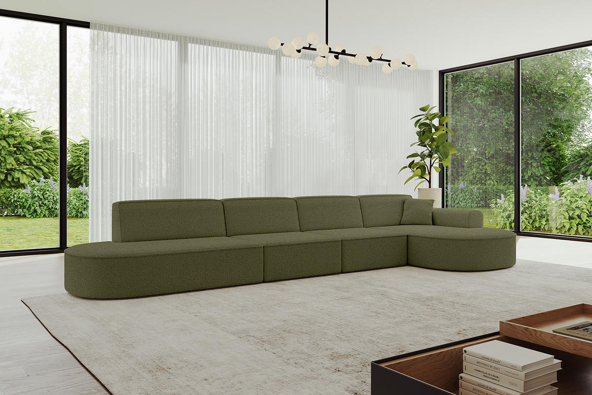 ECKSOFA Ottomane Rechts MARI-L3 - 402x163x73,5 cm Grün Bouclé - Schwarz/Grün, Holzwerkstoff/Kunststoff (402/163cm) - ALTDECOR