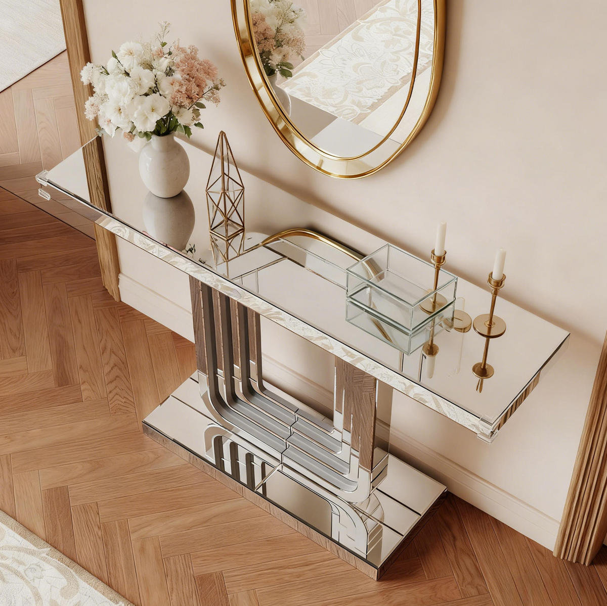 KONZOLOVÝ stolek ze skla a MDF 120x30x76 cm stříbrný se zrcadlovým povrchem a stabilní podnoží ve tvaru U - stříbrná, kompozitní dřevo (30/120/76cm) - Modfu