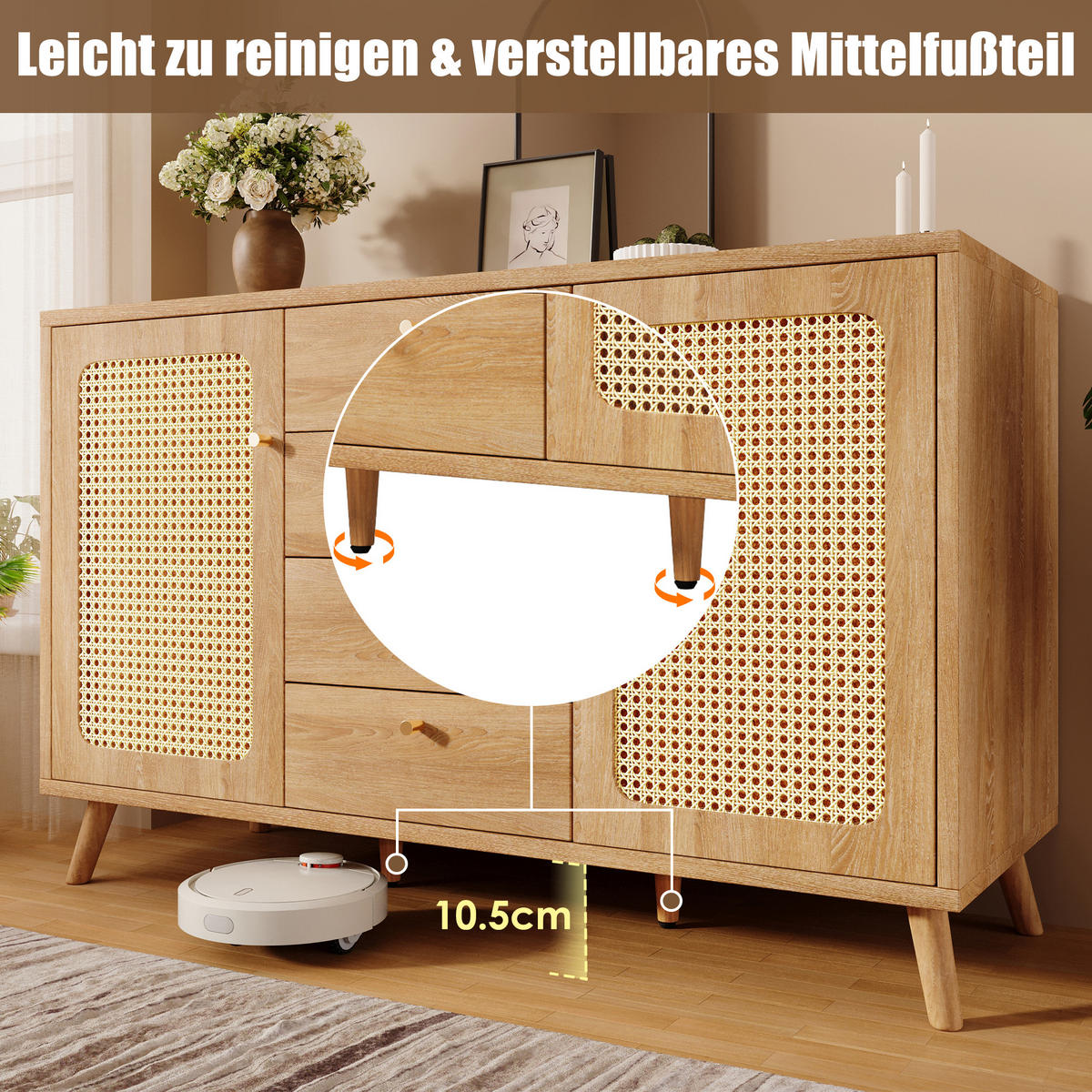 SIDEBOARD 140 cm in Rattan-Optik mit 4 Schubladen - Sonoma Eiche, Holzwerkstoff (140/86/40cm) - Urban Meuble