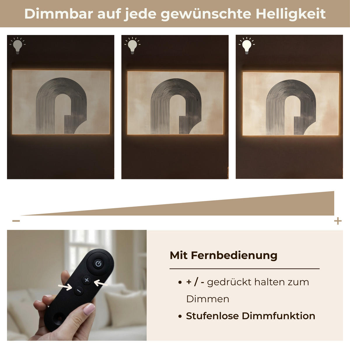 WANDLEUCHTE MIT AKKU Schleife - Streifen - Minimalistisch - Schwarz 90x60 cm - Beige, Holzwerkstoff (90/60/8cm) - OnlyWow