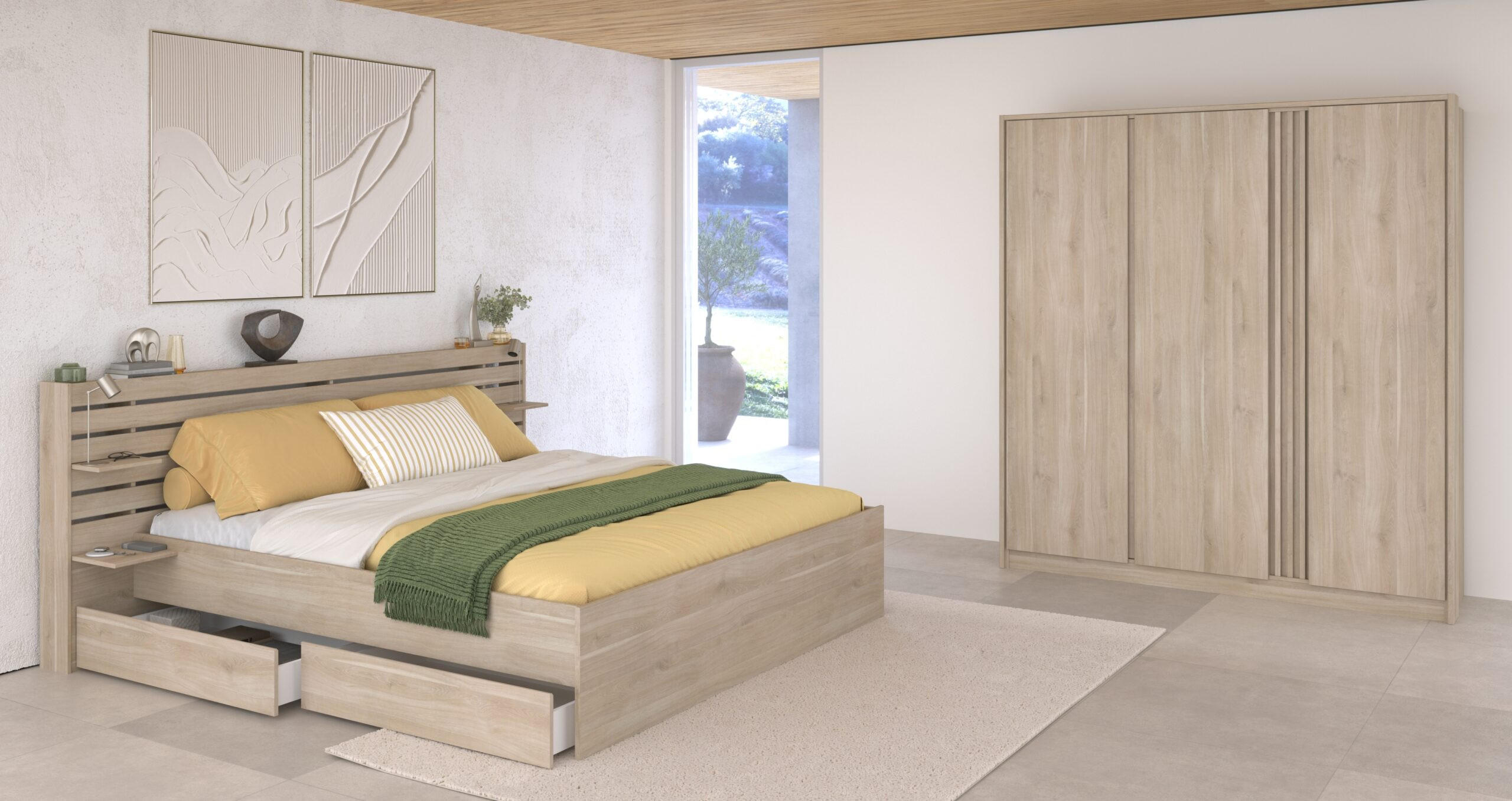 SCHLAFZIMMER Escale 21 in Japanische Eiche 4 teilig - mit 140er Doppelbett, zwei Bettschubkästen, Kleiderschrank - Braun, Holzwerkstoff (80/200/120cm)