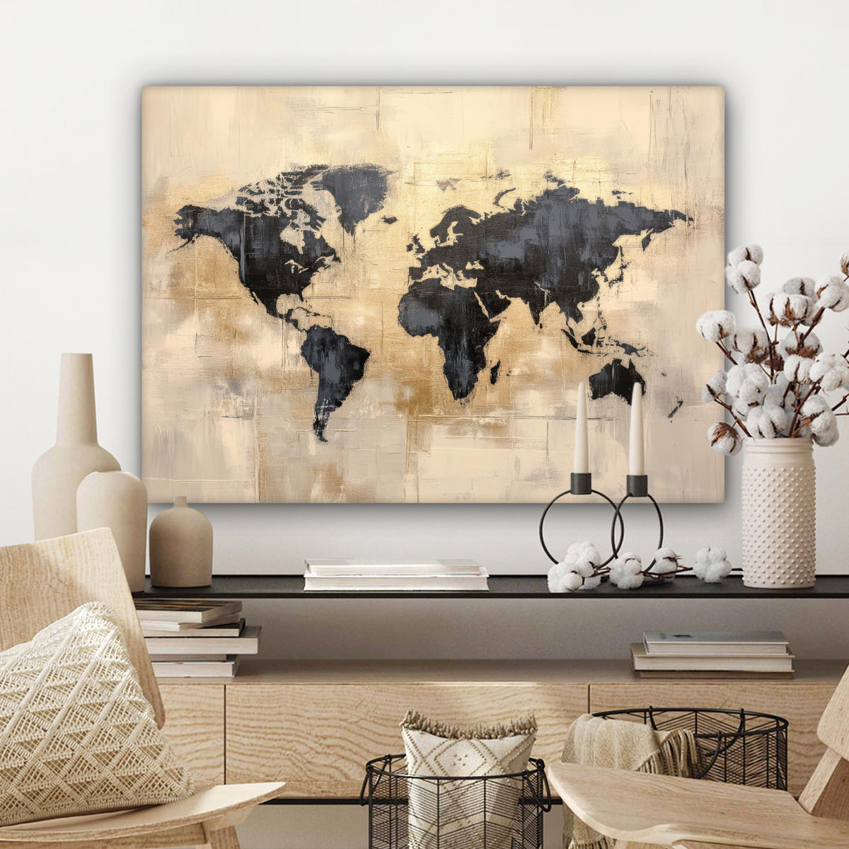 LEINWANDBILD Weltkarte - Gold - Schwarz - Abstrakt Wandbilder 80x60 cm - Kupferfarben, Textil (80/60cm) - MuchoWow