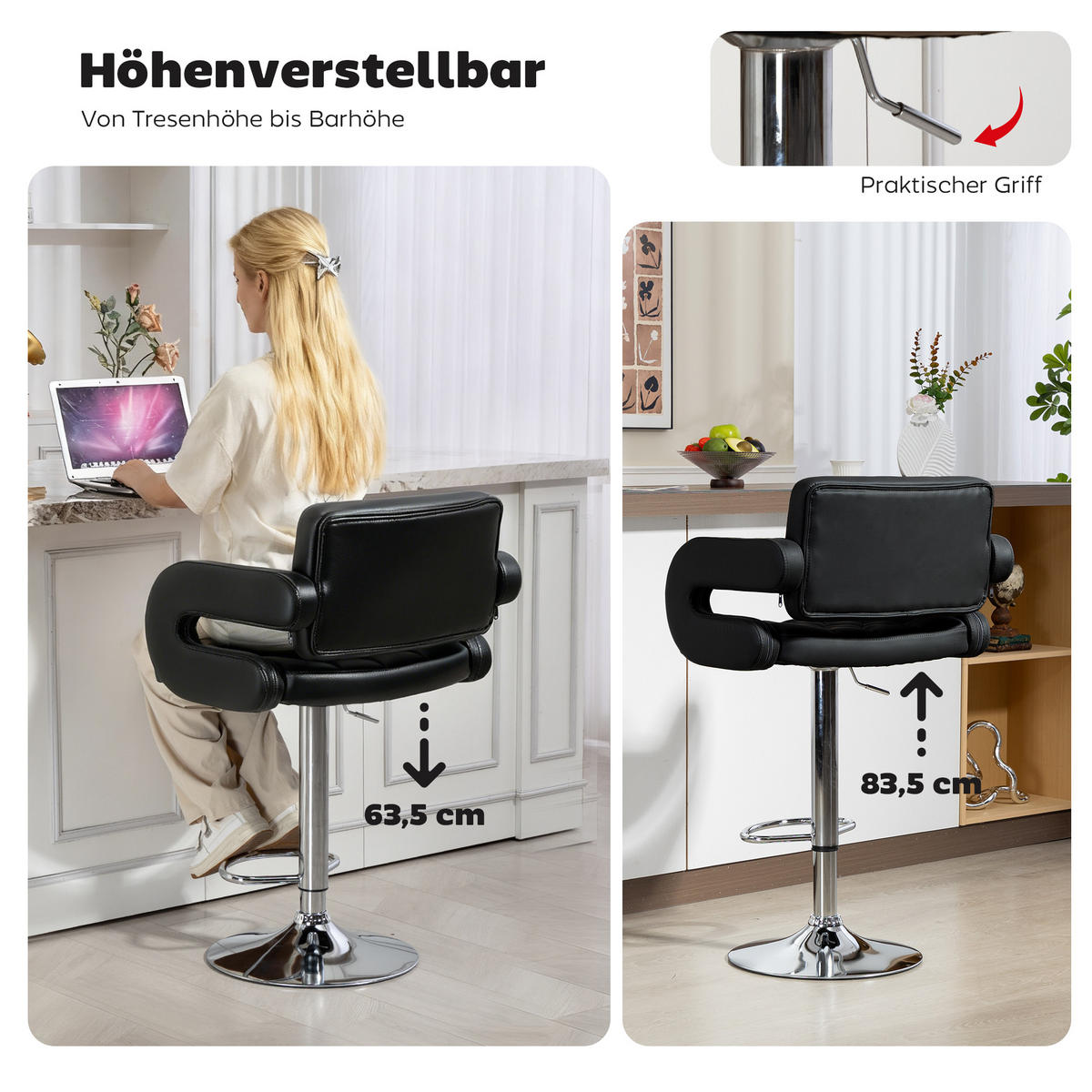 BARHOCKER DE-08045 höhenverstellbar, 360° drehbar Schwarz - Schwarz, Metall (50/113/61cm) - ComfortXL