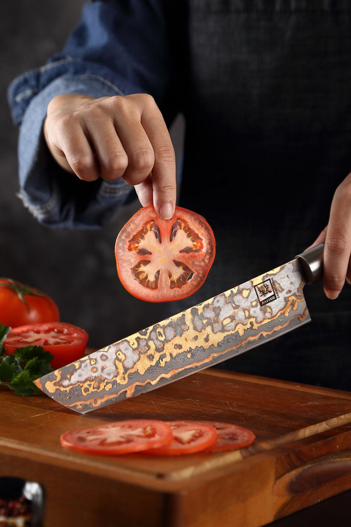 TANTO Chefmesser MysticMagma Damast - Braun, Holz/Metall (34cm) - Zayiko