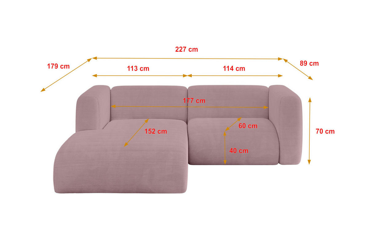 ECKSOFA Ottomane Links MIRA-L1 227x179x89 Rosa Cord - Schwarz/Rosa, Holzwerkstoff/Kunststoff (227/179cm) - ALTDECOR