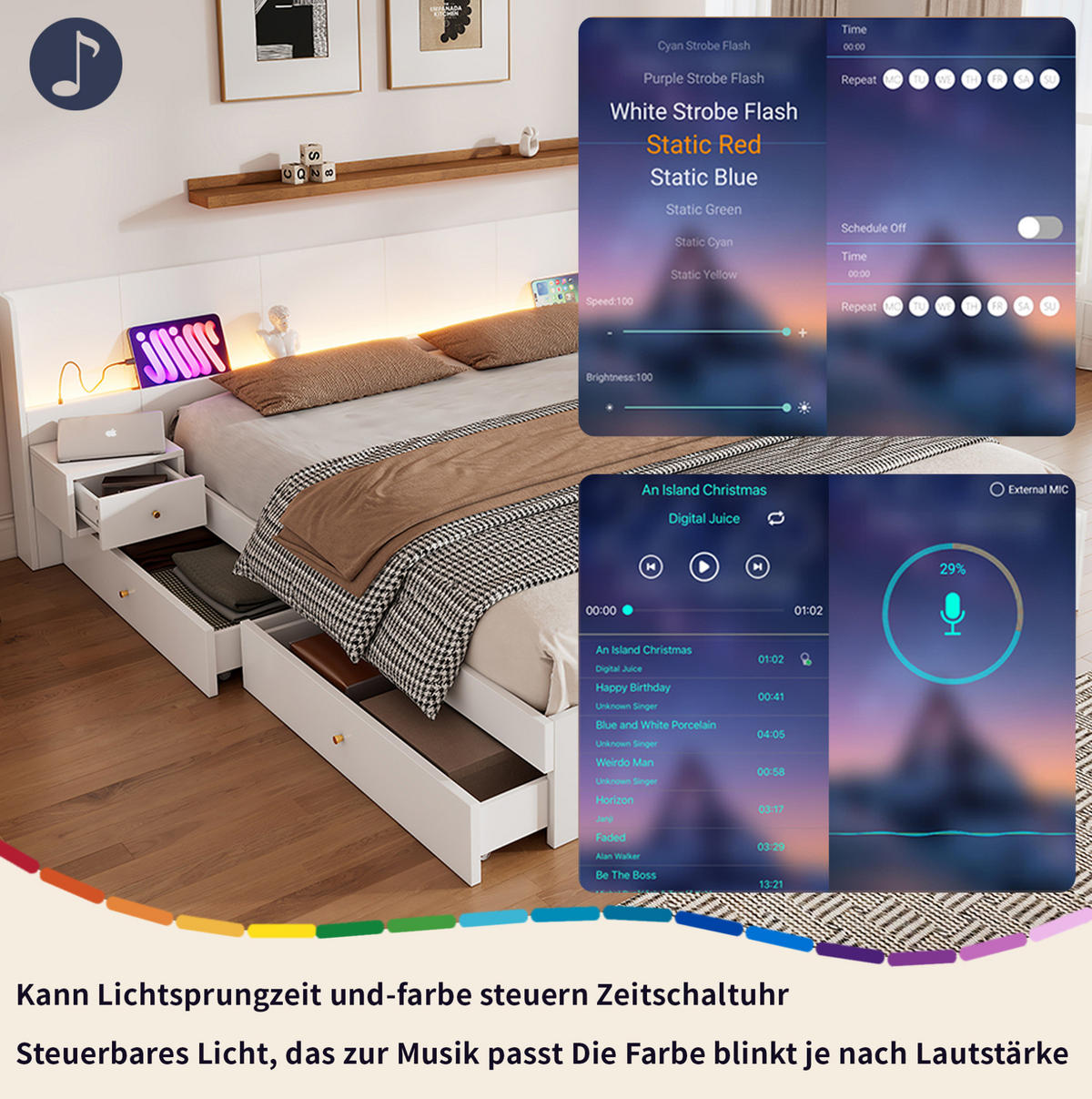 DOPPELBETT 180/200 cm Weiß mit LED-Beleuchtung und USB aus MDF mit Stauraum und Nachttischen - Weiß, Holzwerkstoff (180/200cm) - OKWISH