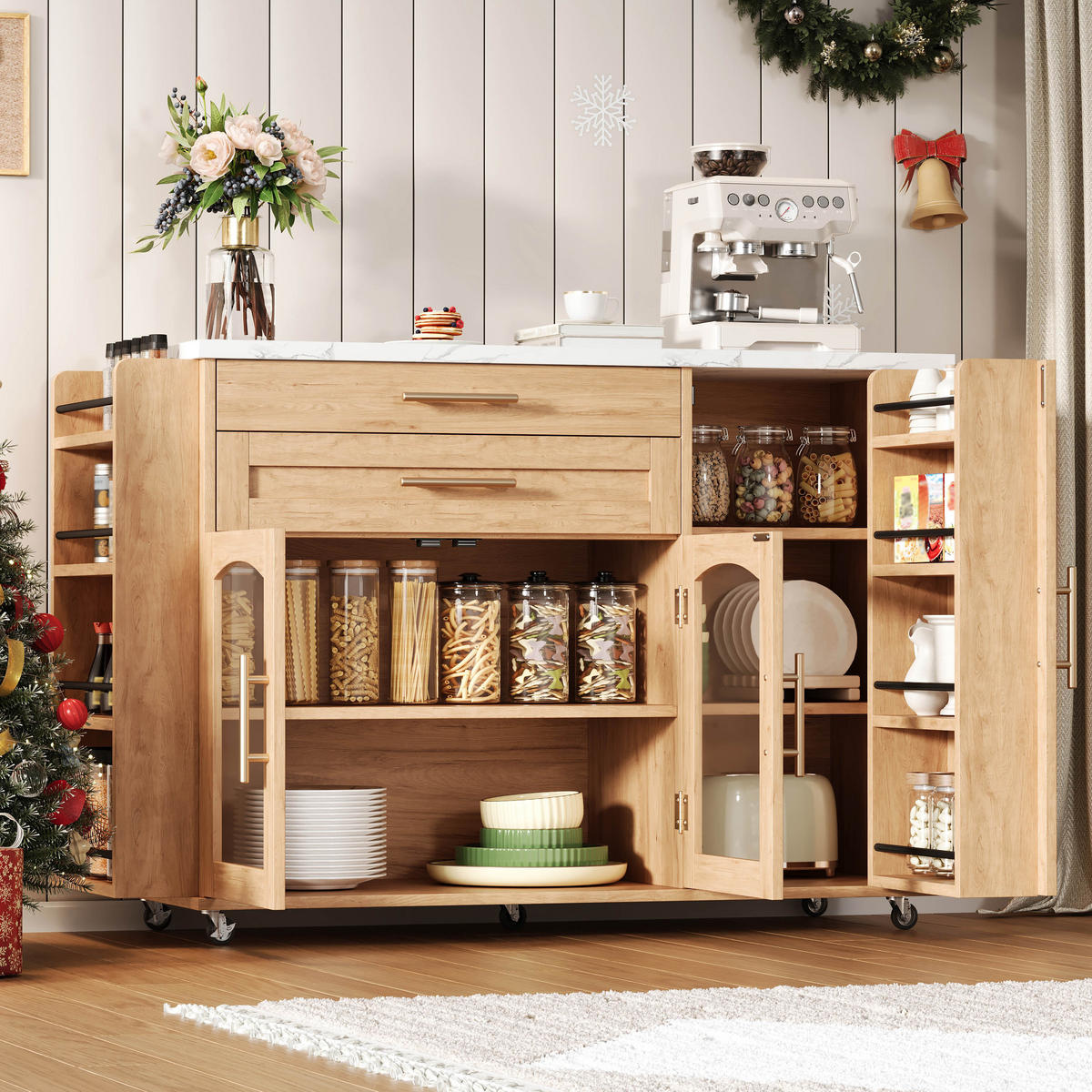 KÜCHENINSEL in Weiß und Naturfarbe Servierwagen mit Besteckschublade für Küchen und Wohnzimmer, B120/T45 (70)/H90 cm - Naturfarben, Holzwerkstoff (138/90/70cm) - STILVORA