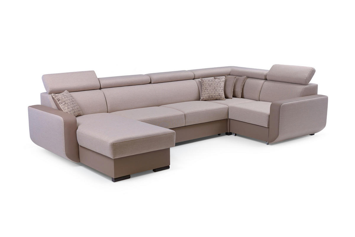 WOHNLANDSCHAFT PALAZZO Beige Geflochtener Stoff mit Schlaffunktion - Beige, Holz (337/97/184cm) - MASSENO