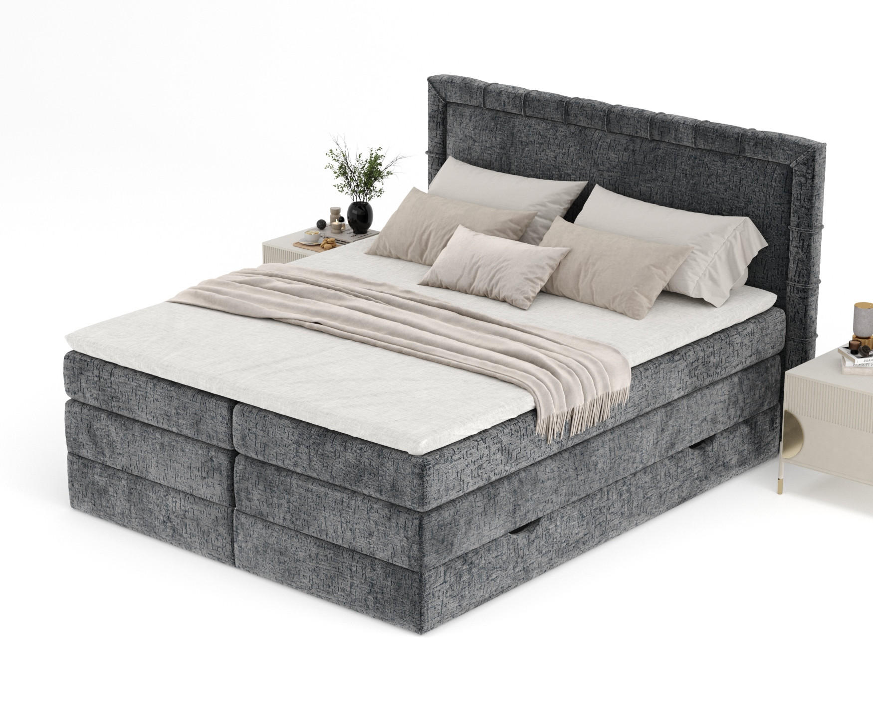 Thumbnail - Maison de Reve Boxspringbett, Anthrazit, Textil, Buche, Kiefer, H3, Höhe ca. 37 cm, 200x200 cm, Oeko-Tex® Standard 100, ...