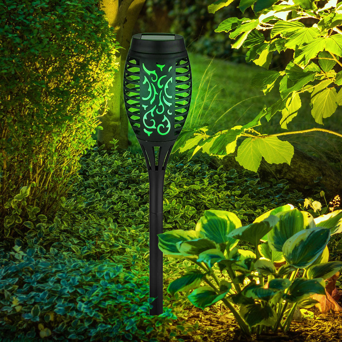 LED AUSSENLEUCHTE Schwarz Solar Feuer-Effekt 4er Set - Schwarz, Kunststoff (7.5/7.5/50.5cm) - Globo Lighting