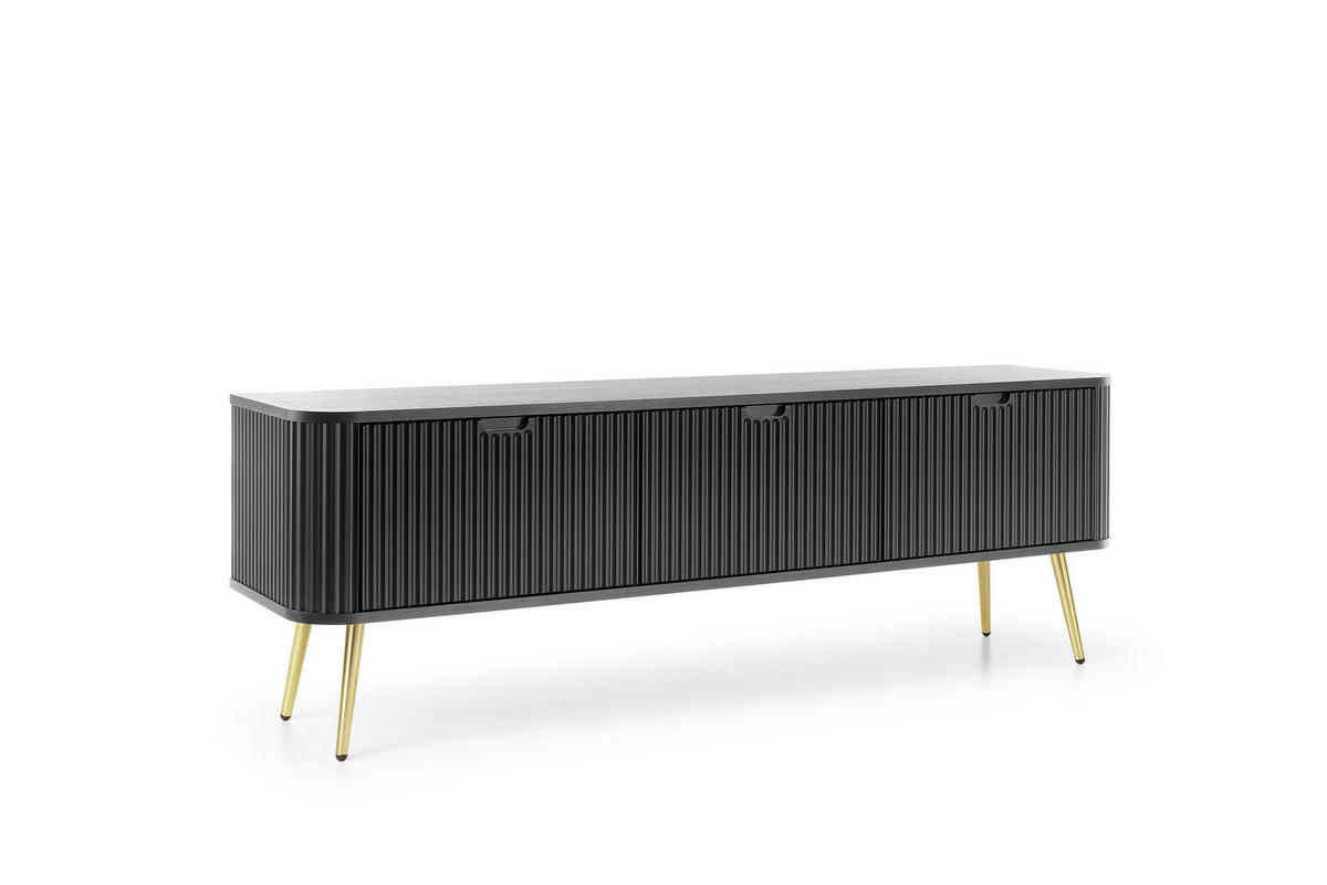 TV-SCHRANK "NOVA" Schwarz 154x39x56cm Geriffelt Regal, 2-Türen, Schublade, Gold Beine - Goldfarben/Schwarz, Holzwerkstoff/Kunststoff (168/56/39cm) - DomoHome