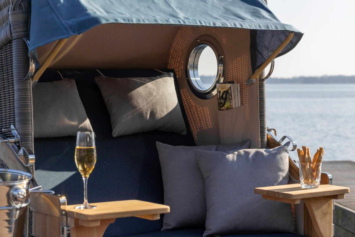 STRANDKORB Komplettset: Ammersee Teak Bullauge - PE grau - Modell 593 - Grau, Holz/Kunststoff (125/165/80cm) - bene living