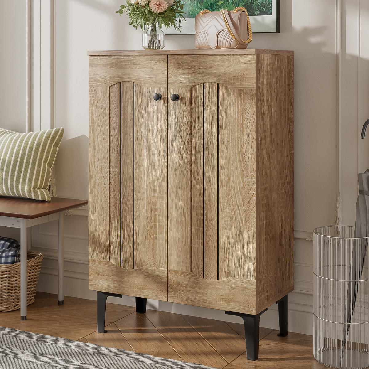 SCHUHSCHRANK 2 Türen Stauraum Mehrschichtige Böden Ablage - Naturfarben, Holzwerkstoff (31.5/95/60cm) - FLIEKS