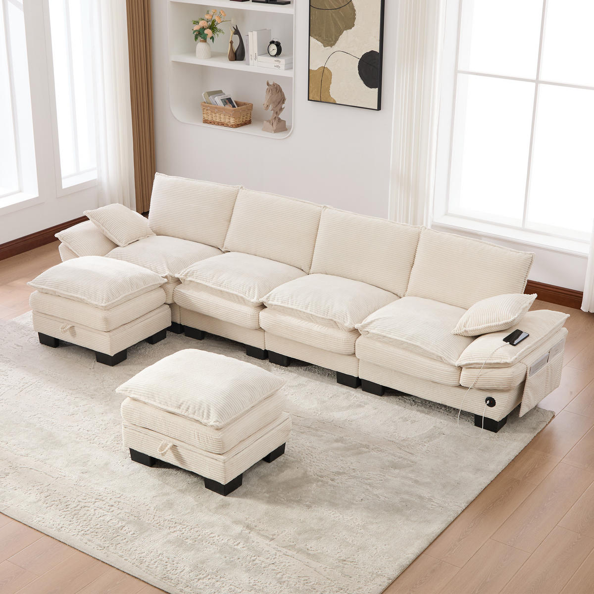 WOHNLANDSCHAFT Cord Beige mit USB-C, Seitentaschen und 2 Hockern - Beige, Holzwerkstoff/Kunststoff (330/84/132cm) - WISHDOR