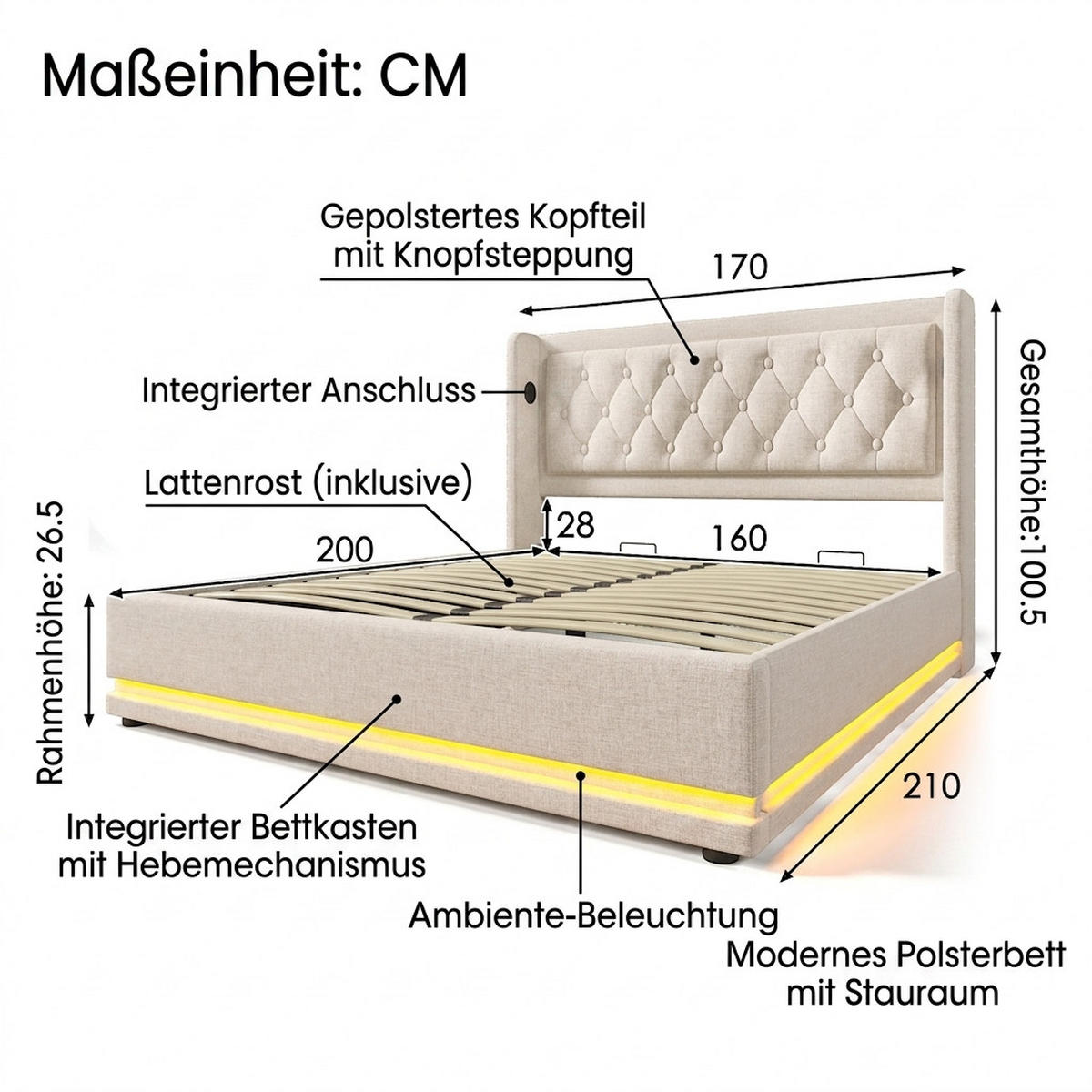 POLSTERBETT 160/200 cm Beige mit USB Typ-C Ladefunktion und 3-seitige LED-Funktion - Beige, Textil (160/200cm) - Oxeza
