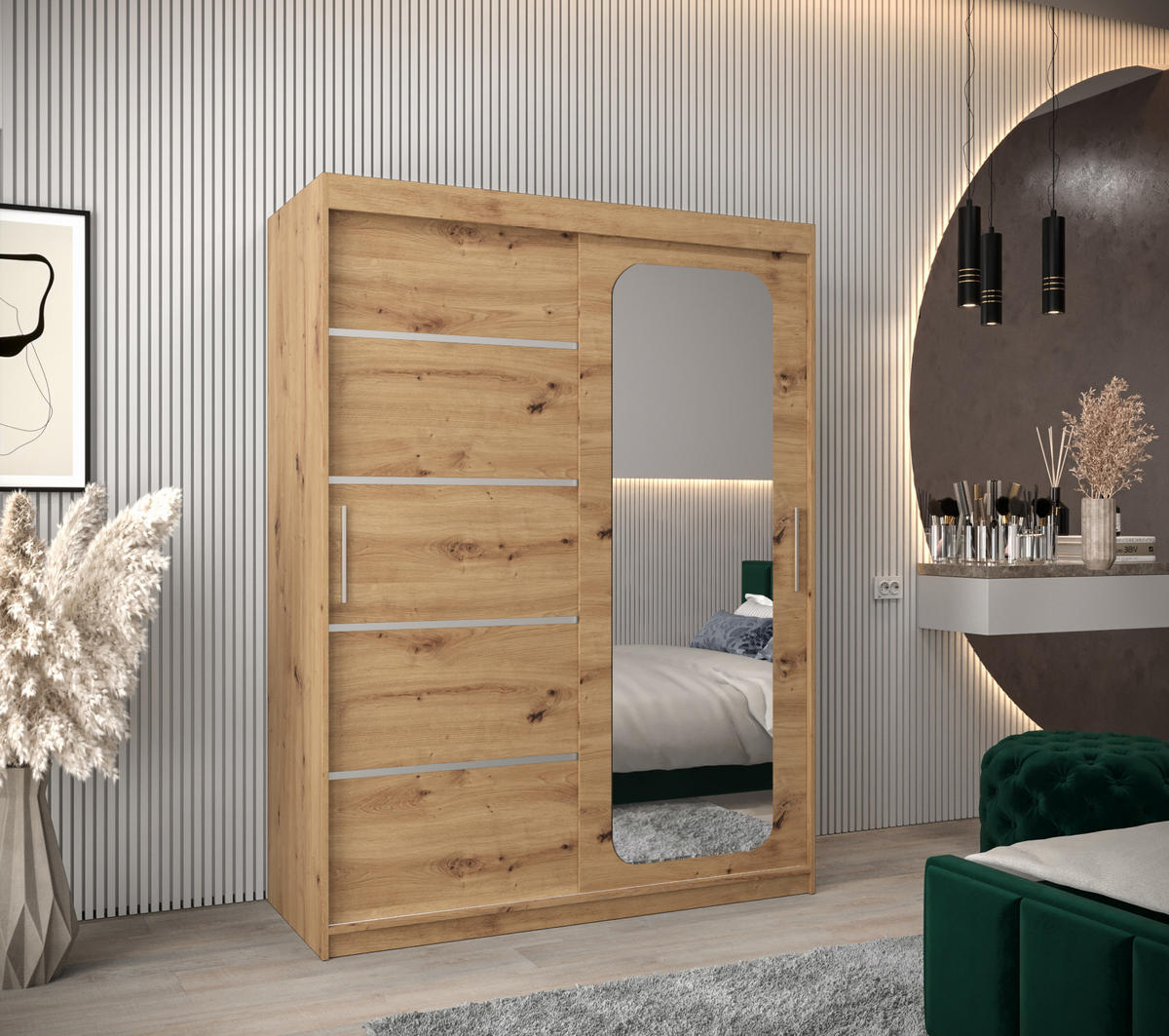 SCHWEBETÜRENSCHRANK 200/150/62 2-türig - Silberfarben/Eiche Artisan, Holz/Kunststoff (150/200/62cm) - MÖBEL KRYSPOL