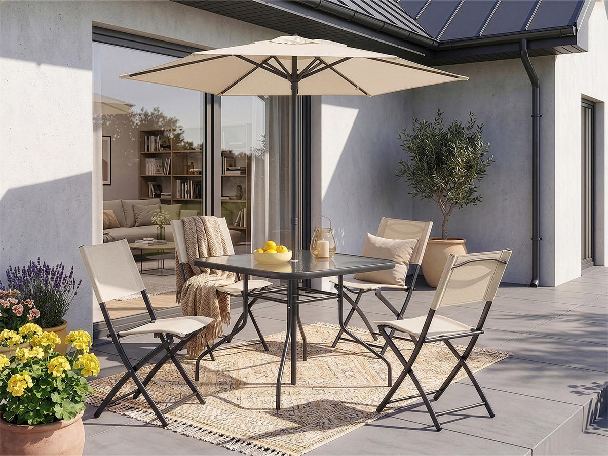 GARTENMÖBEL-SET mit 1 Esstisch. 4 Klappstühlen und 1 Aufstellschirm. Schwarz und Beige - Beige/Schwarz, Metall - Home Collective