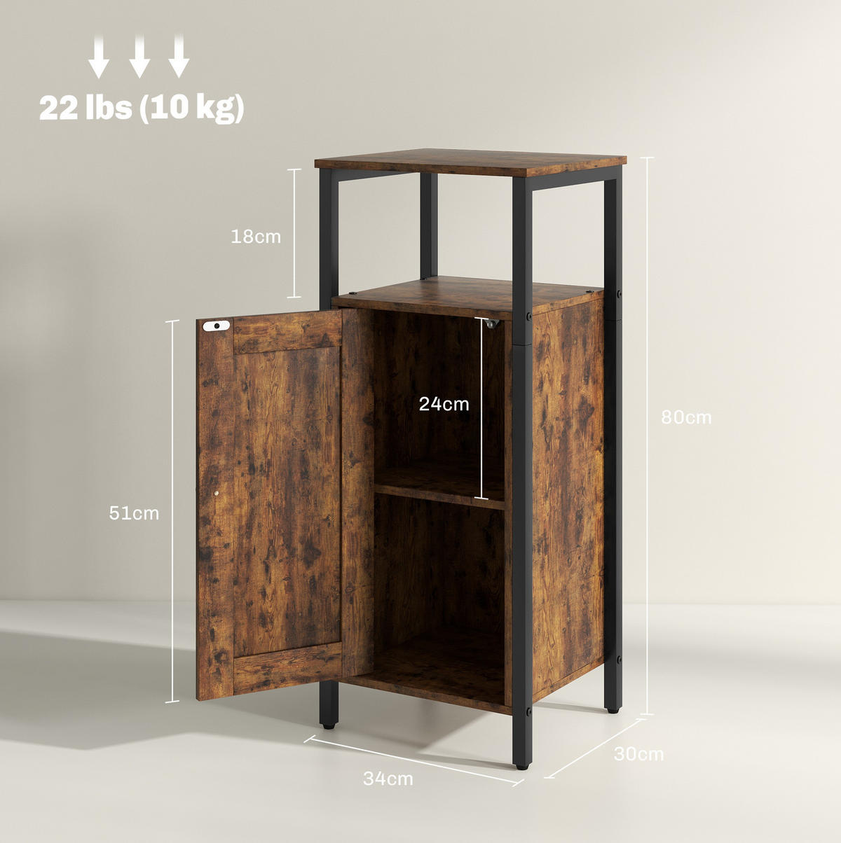 BEISTELLTISCH 34/30/80 cm mit verstellbarem Regal und Schrank im Industrial-Stil, Sperrholz, Braun - Braun, Holzwerkstoff (34/30/80cm) - Redom