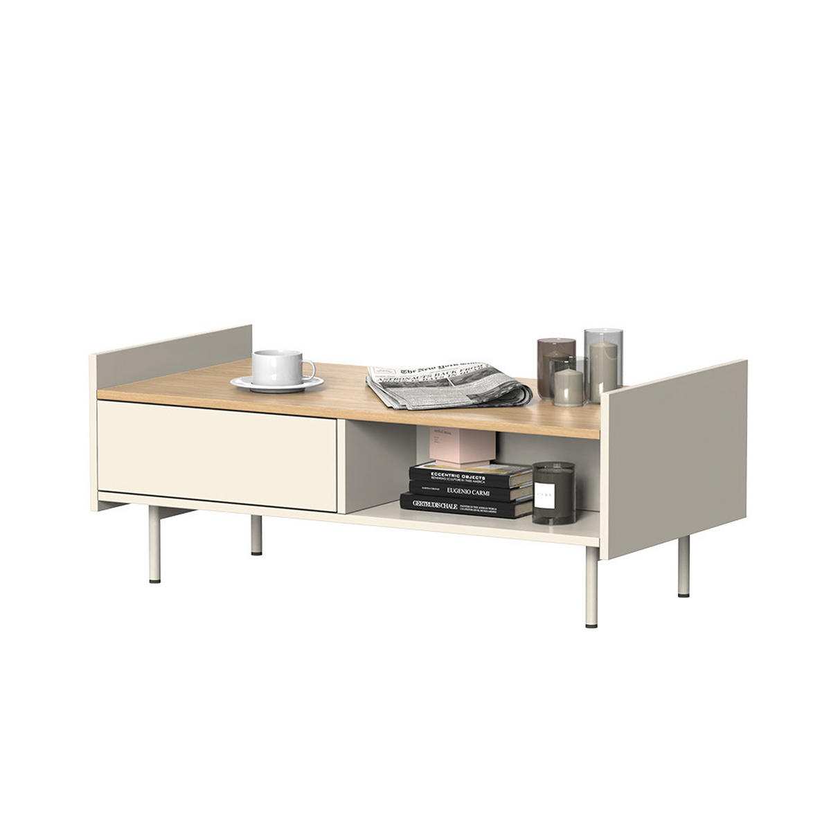 COUCHTISCH Velina Creme 100 x 50 cm mit 2 Schubladen - Eichefarben/Creme, Holzwerkstoff (50/100/40cm) - Vicco