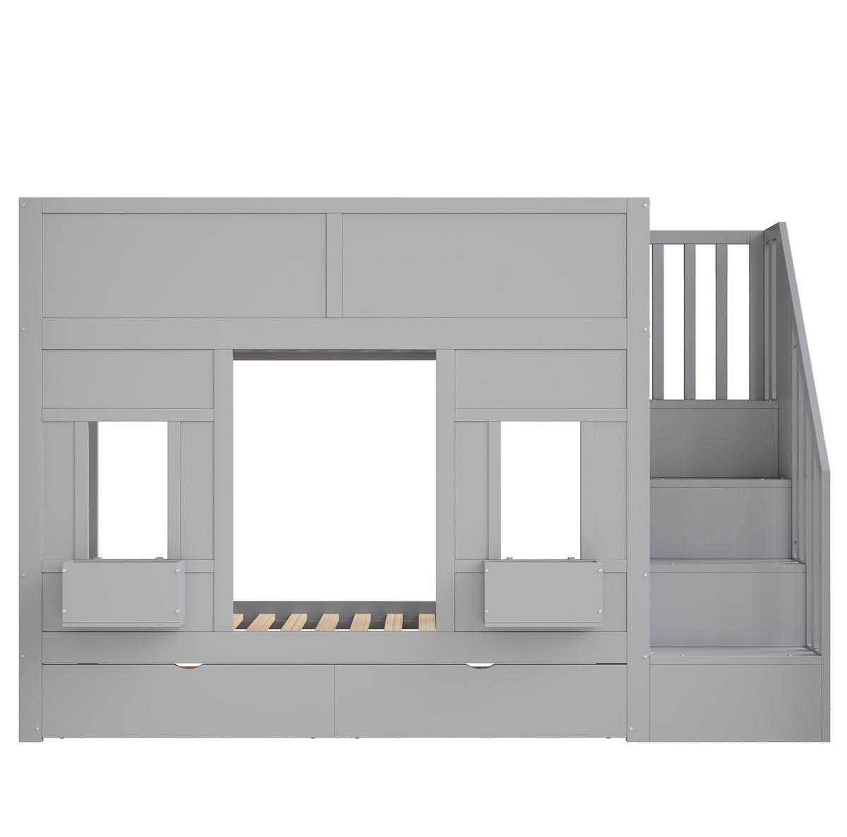ETAGENBETT 90/200 cm grau aus Holz mit Treppe und Stauraum - Grau, Holzwerkstoff (90/200cm) - OKWISH