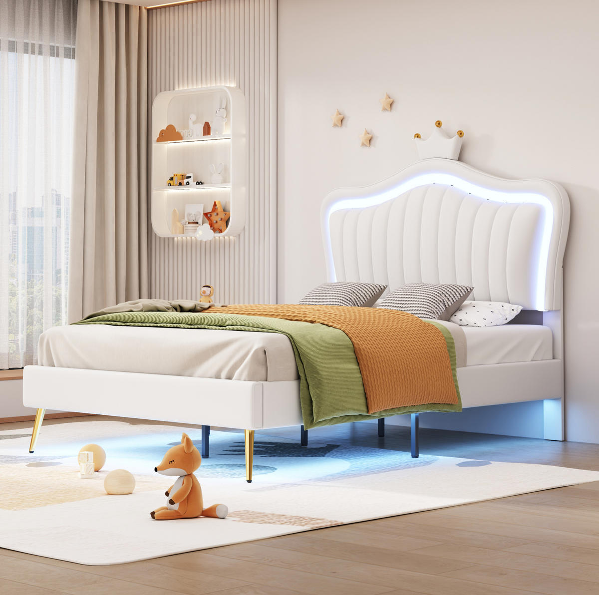 KINDERBETT 90/200 cm mit LED-Beleuchtung, verstellbarem Kopfteil und Muschel-Kronen-Design, Weiß - Weiß, Textil (90/200cm) - Redom