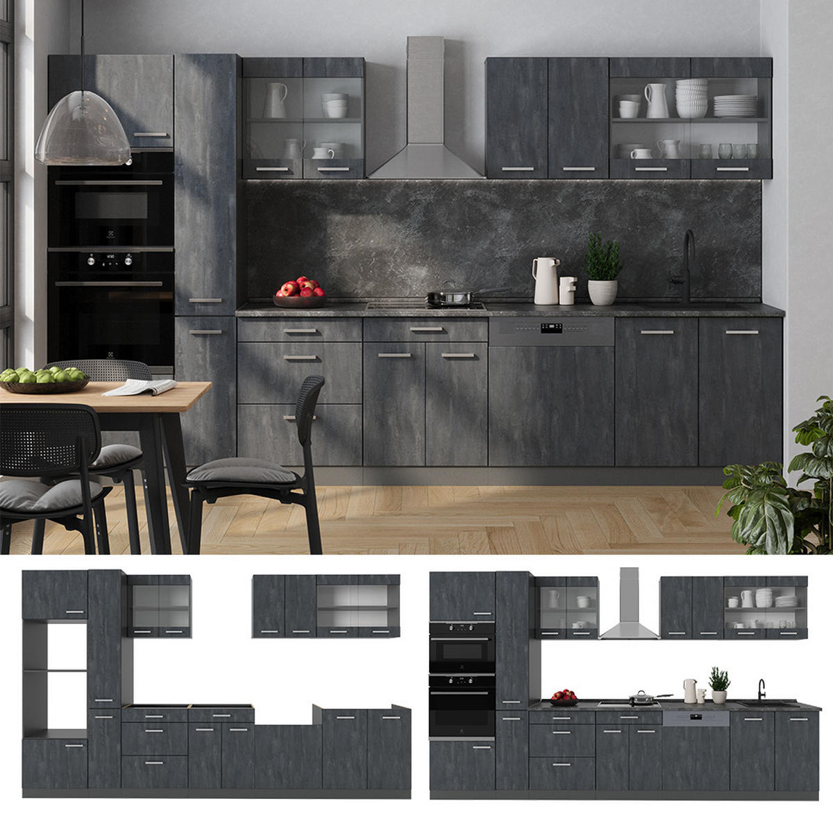 KÜCHENZEILE R-Line Schwarz Beton/Anthrazit 350 cm, AP Eiche - Anthrazit/Schwarz, Holzwerkstoff (350/81.6/60cm) - Vicco