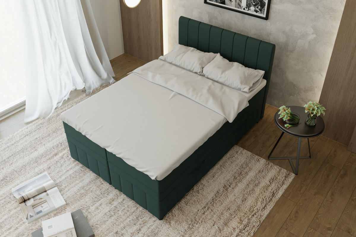 BOXBETT AVALON 140 x 200 cm mit Bettkasten und Topper - Dunkelgrün - Dunkelgrün, Holz - Panda Möbel