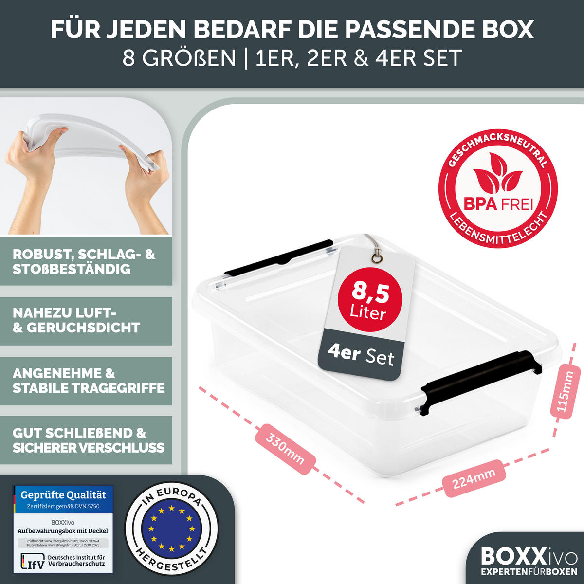 AUFBEWAHRUNGSBOXEN mit Deckel 8,5l im 4er Set - Transparent, Kunststoff (29/11.5/39cm) - BOXXivo
