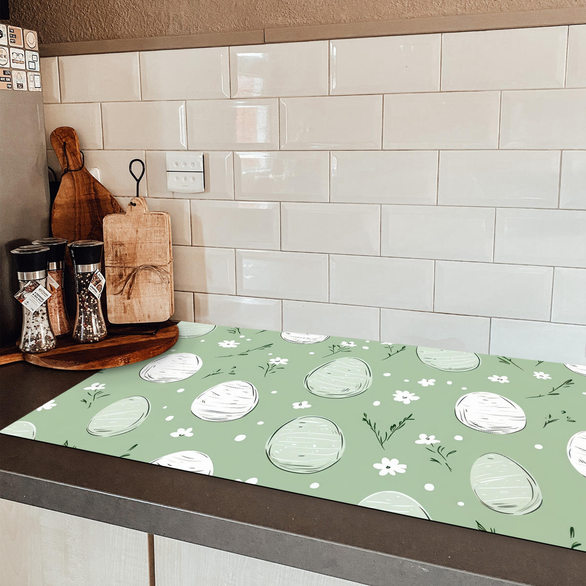 HERDABDECKPLATTE Grün - Eier - Muster Ceranfeldabdeckung 90x52 cm - Waldgrün, Kunststoff (90/52/0.2cm) - MuchoWow