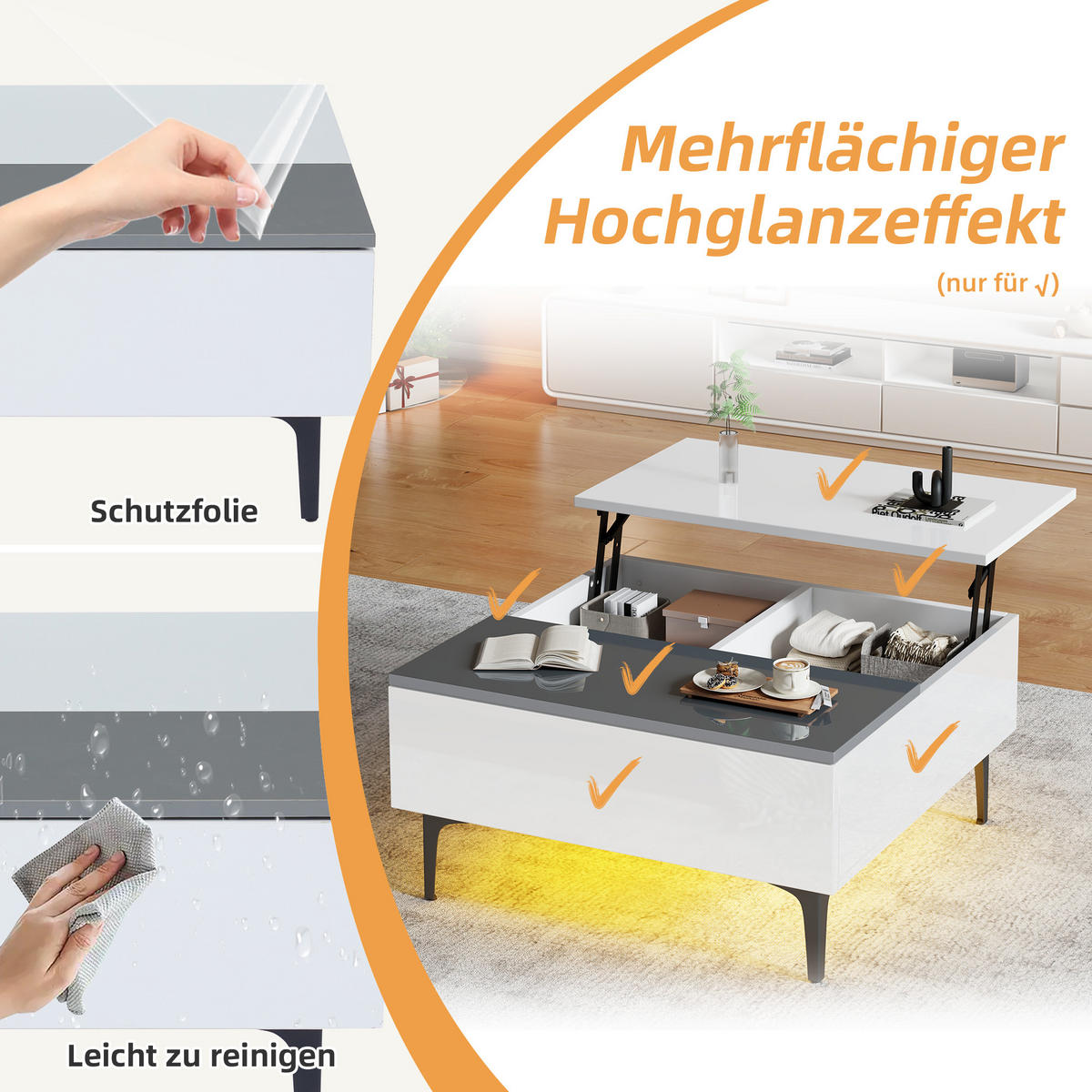 COUCHTISCH in Weiß höhenverstellbarer Kaffeetisch mit Stauraum und LED für Wohnzimmer, B70/T70/H35cm - Schwarz/Weiß, Holzwerkstoff (70/70/35cm) - STILVORA