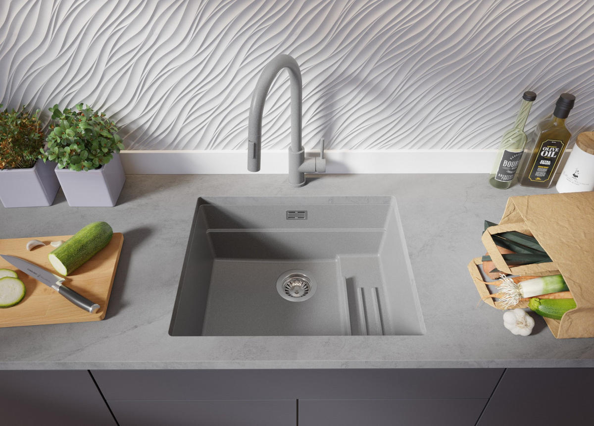 UNTERBAUSPÜLE GRANIT Praga, 2-er set Grau 56/47 cm 1 Becken + Ablauf-Set + Aufrollbare Abtropffläche ab 60er Unterschrank - Chromfarben/Grau, Kunststoff (56/20/47cm) - Primagran