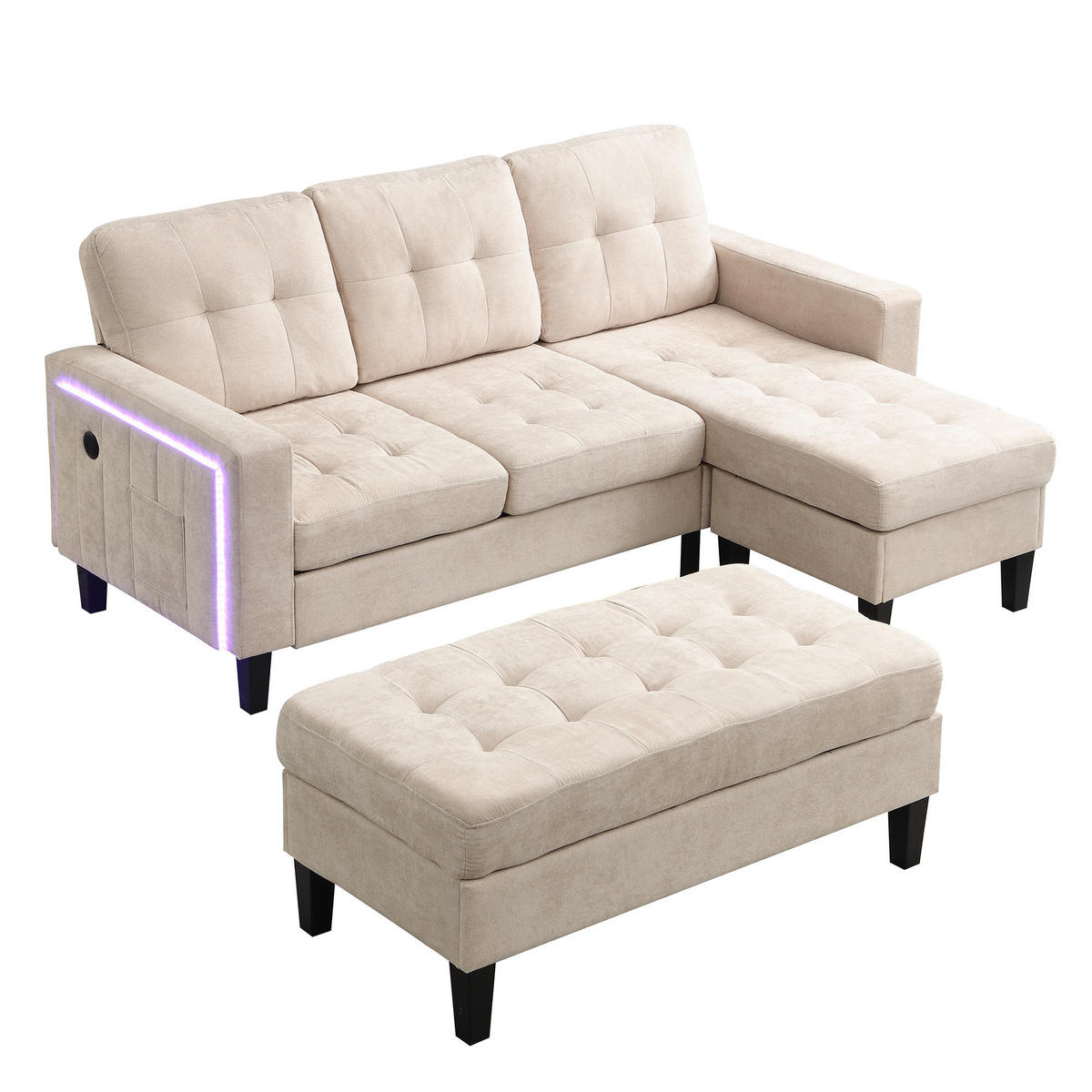 SCHLAFSOFA 185/135/85 cm Beige mit beweglicher Fußbank und LED-Ambiente-Beleuchtung - Beige, Textil (185/85/135cm) - Oxeza