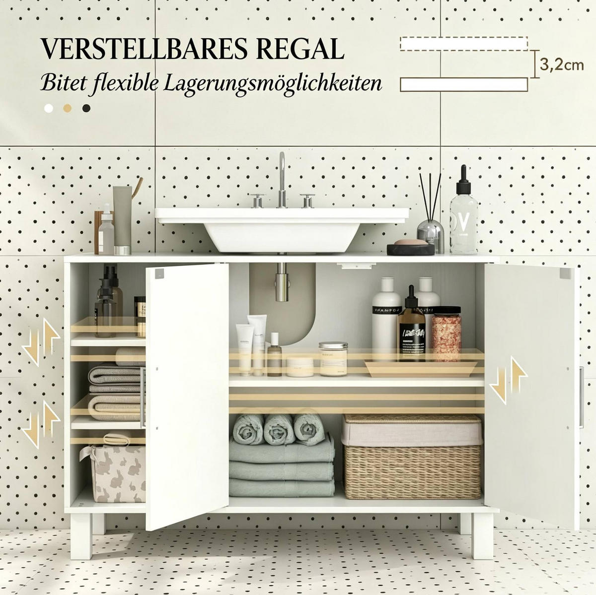 BADEZIMMERSCHRANK MDF Spanplatte 90x30x63 cm Creme Waschtischunterschrank mit Stauraum und U-Schnitt - Creme, Holzwerkstoff (90/63/30cm) - Modfu